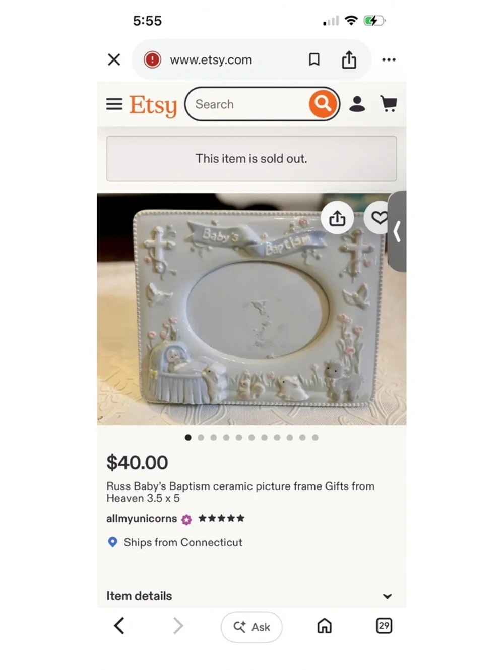Russ Baby's Baptism Ceramic Picture Frame Gifts from Heaven 3.5 x 5